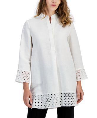 Women's Linen-Blend Eyelet-Trim Tunic Product Image