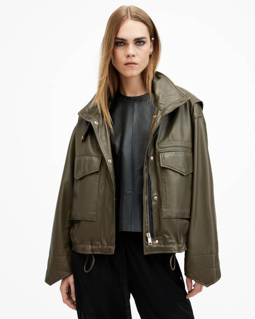 Clay Funnel Neck Cropped Leather Jacket Product Image