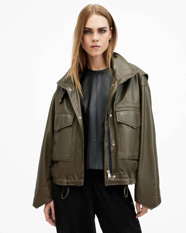 Clay Funnel Neck Cropped Leather Jacket Product Image