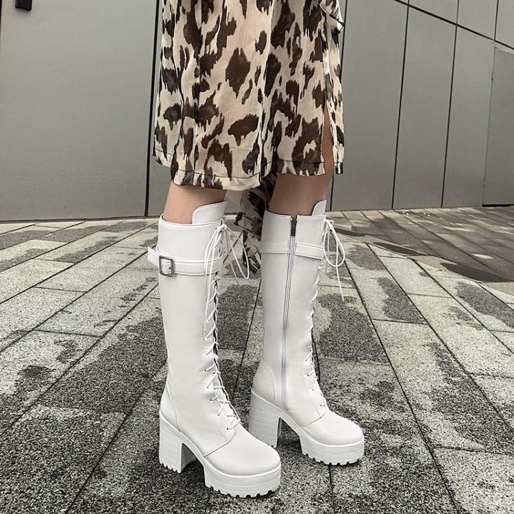 Platform Buckled Lace Up Block Heel Knee High Boots Product Image