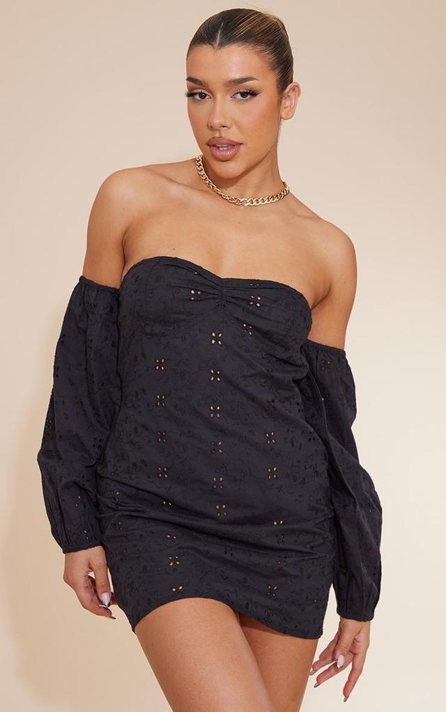 Black Broderie Underbust Detail Bardot Shift Dress Product Image