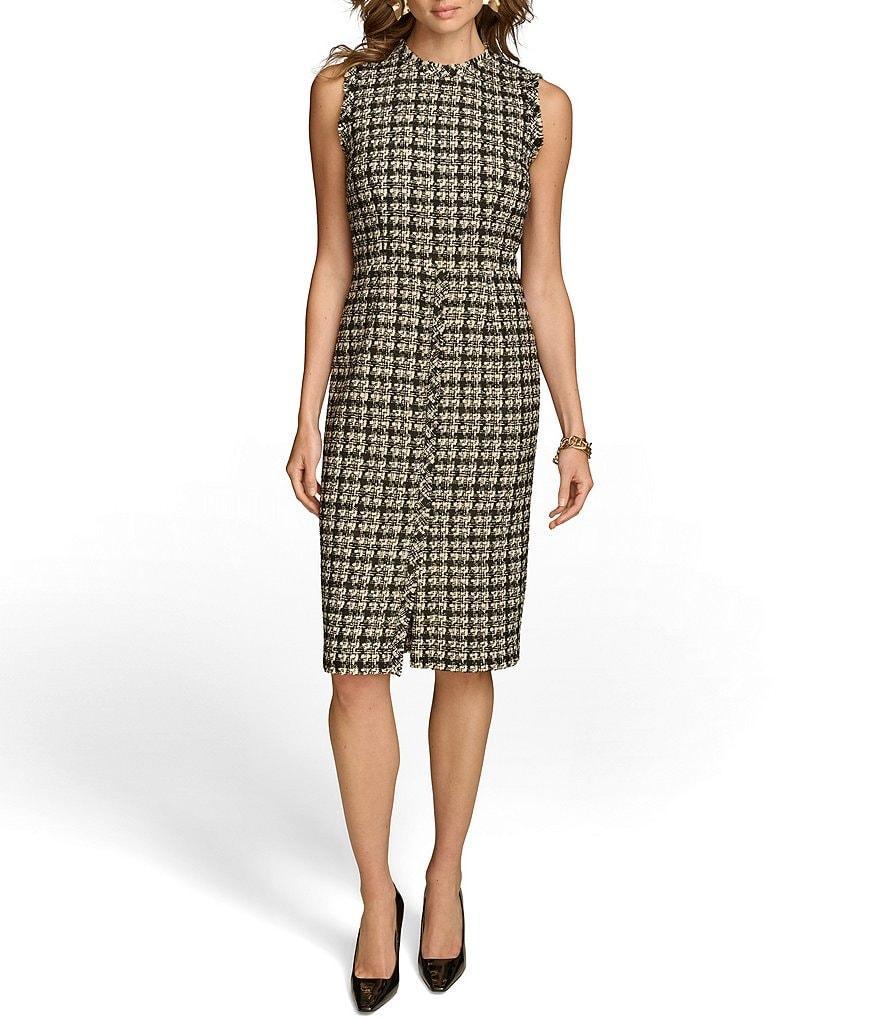 Donna Karan Houndstooth Metallic Tweed Crew Neck Sleeveless Sheath Dress Product Image