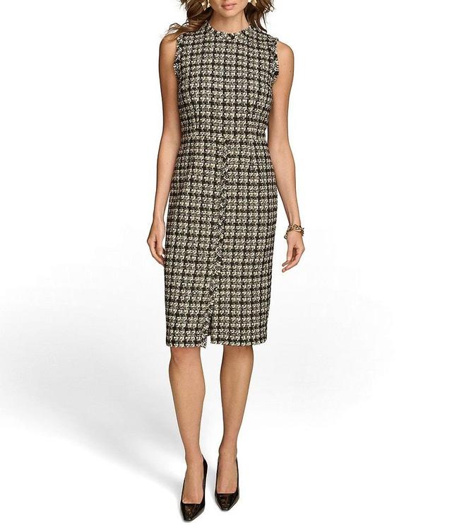 Donna Karan Houndstooth Metallic Tweed Crew Neck Sleeveless Sheath Dress Product Image