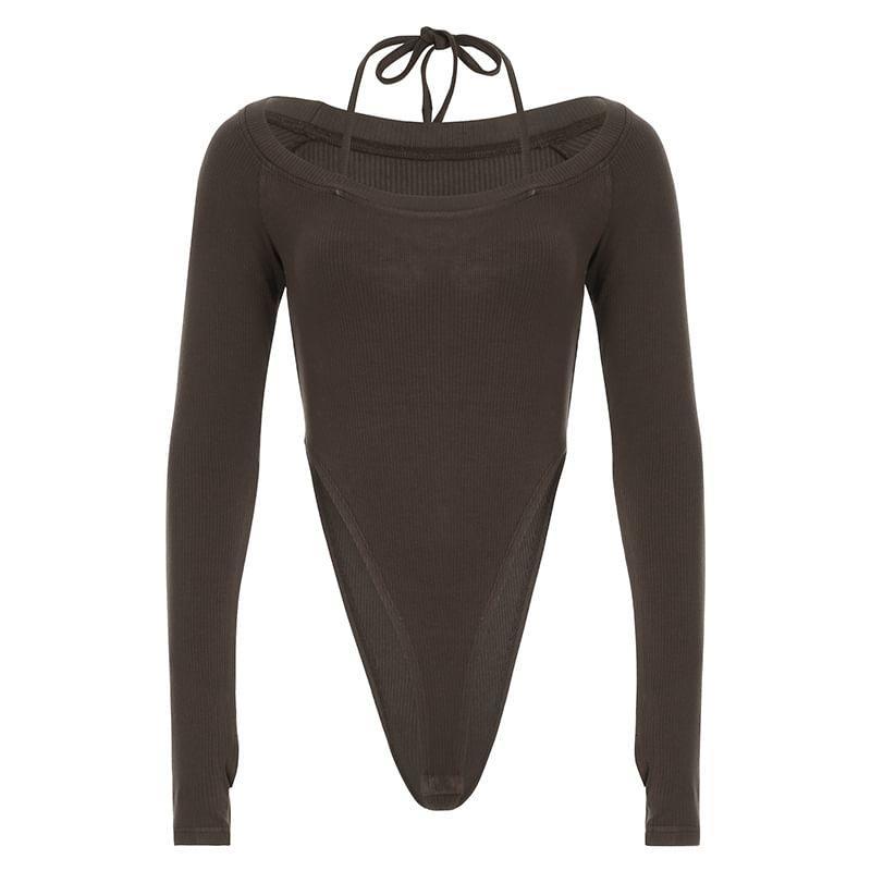 Long Sleeve Halter-Neck Plain Ribbed-Knit Bodysuit Top Product Image