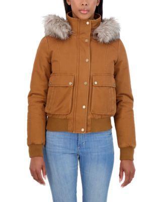 Juniors' Women ' Cotton Faux Fur Trimmed Bomber Jacket Product Image