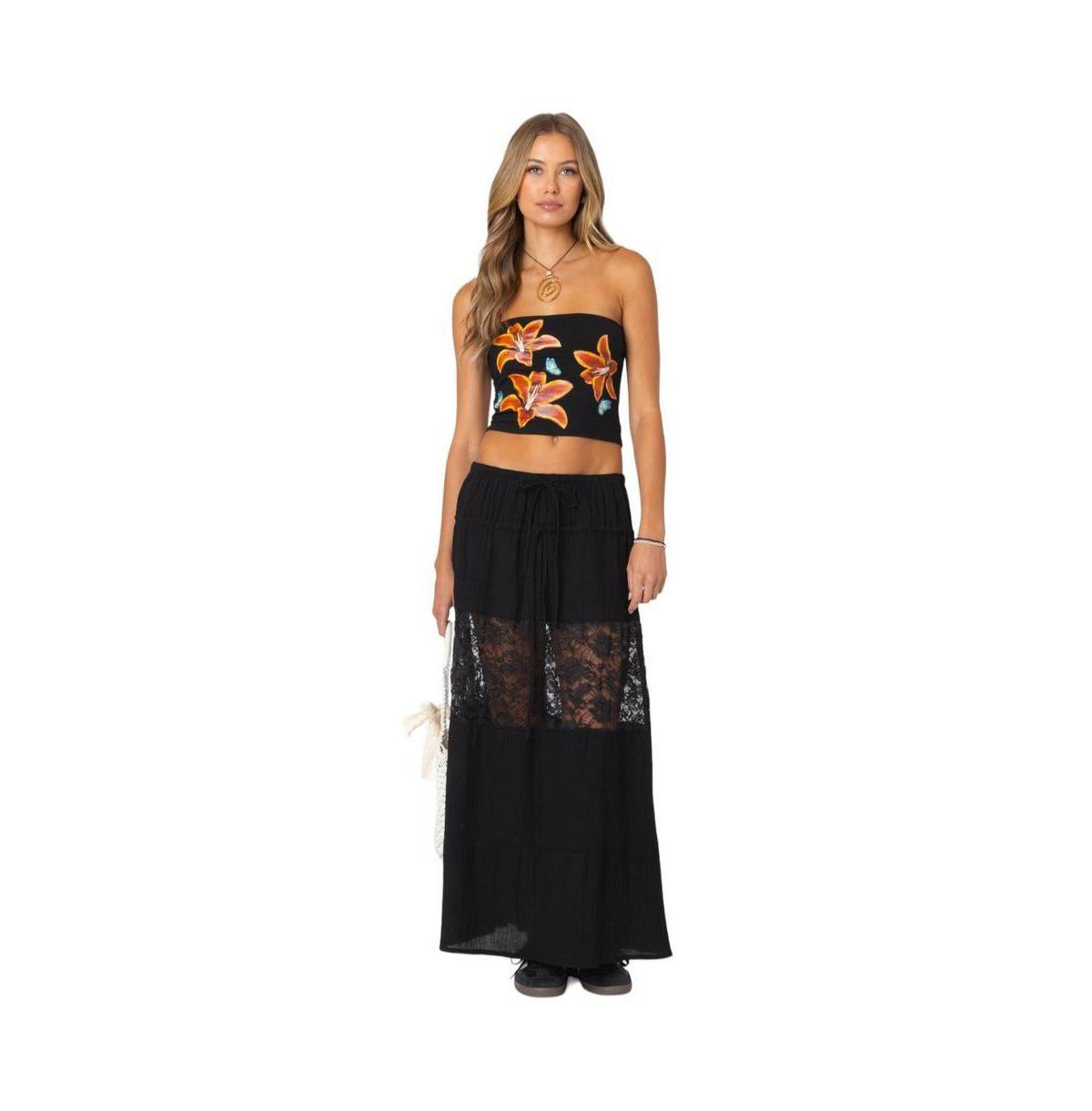 Women's Double Tie Lace Panel Maxi Skirt Product Image