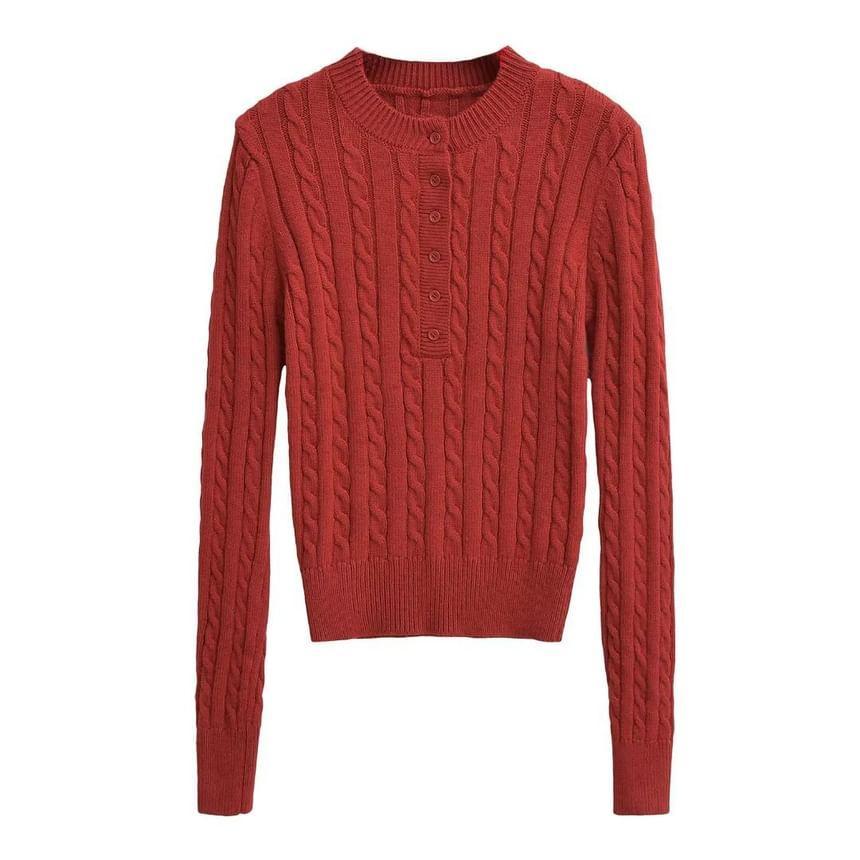 Long-Sleeve Crewneck Half Buttoned Plain Knit Top Product Image