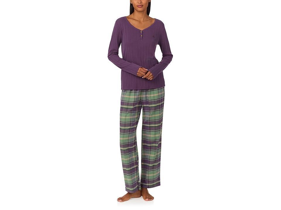 Lauren Ralph Lauren Lauren Ralph Lauren Long Sleeve Henley Brushed Twill Pajama Set Plaid) Women's Pajama Sets Product Image