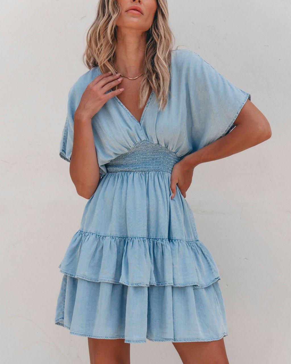 Sylvie Smock Tiered Mini Dress - Chambray Product Image