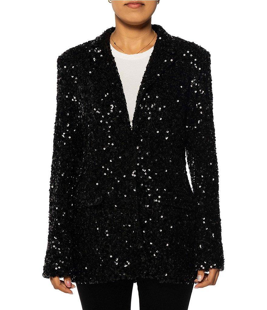 Azalea Wang Isa Sequin Tailored Collar Long Sleeve Button Front Blazer Product Image