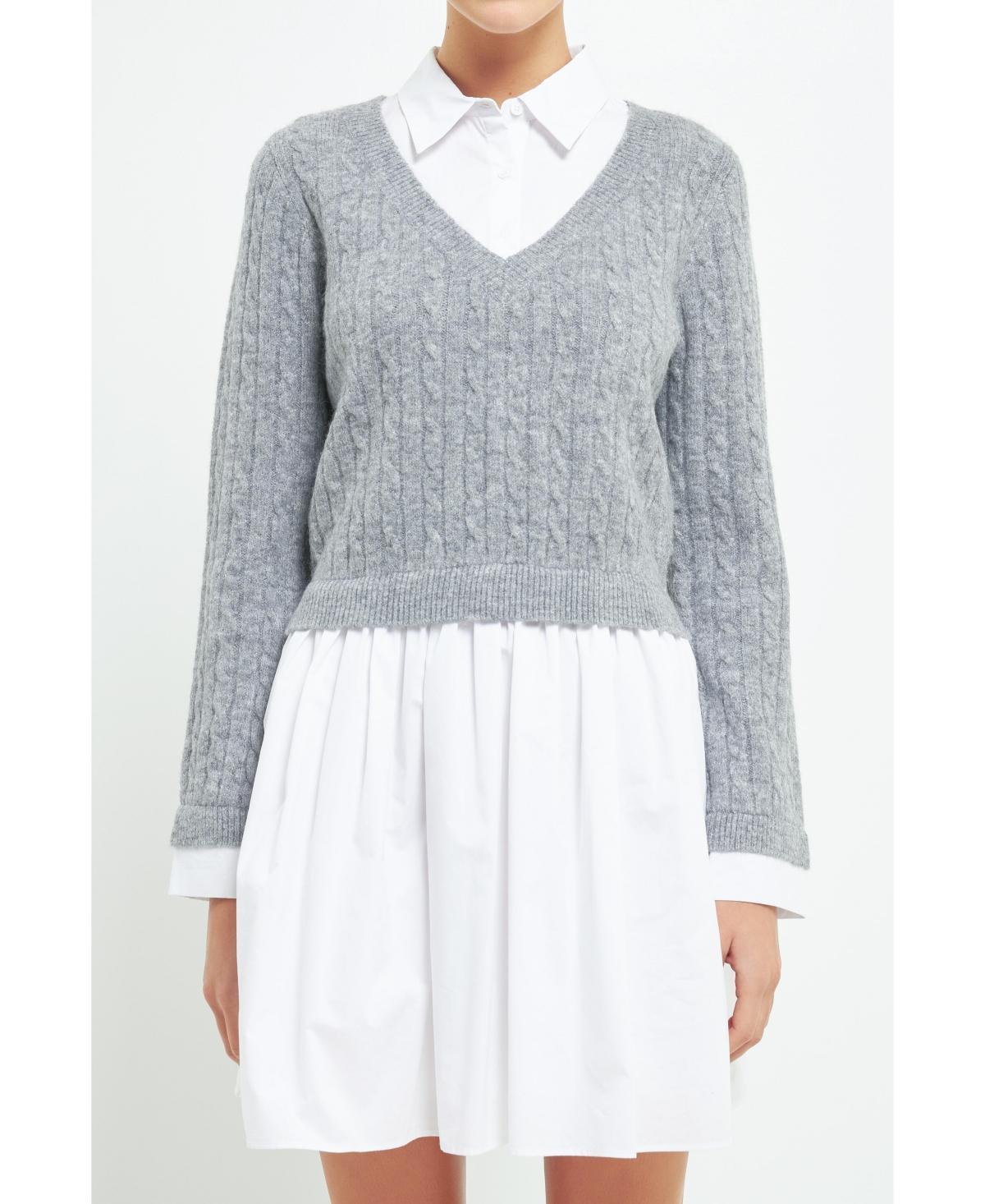 English Factory Womens Cable Knit down Mixed Media Dress - Heather grey Product Image