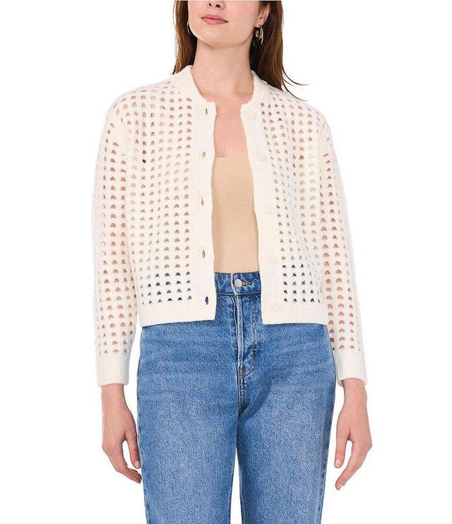 Vince Camuto Sweater Knit Dot Cut Out Crew Neck Dropped Long Sleeve Button Front Cardigan Product Image