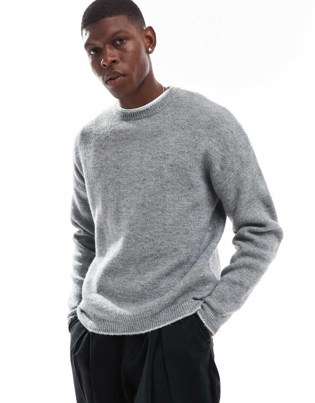 ASOS DESIGN relaxed knit plush sweater in gray with contrast blanket stitch Product Image