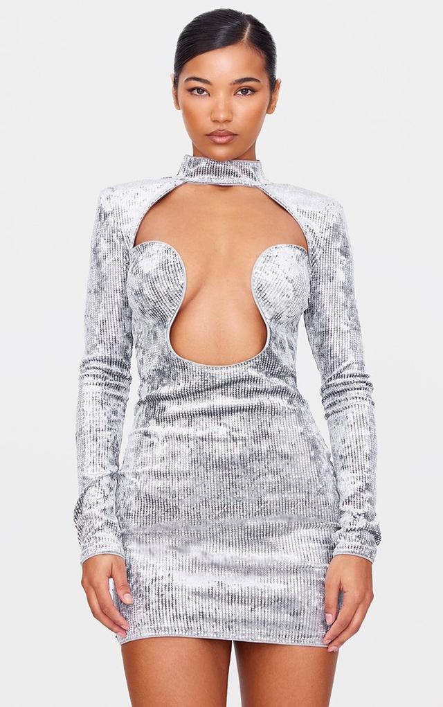 Silver Sequin Underwire Detail Long Sleeve Bodycon Dress Product Image