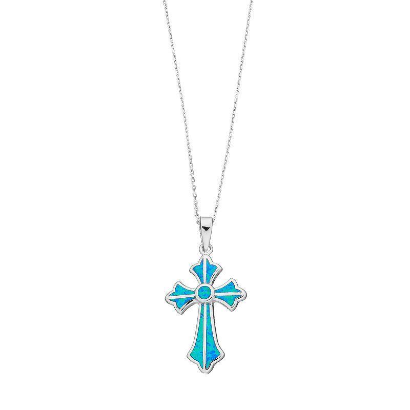 Sterling Silver Lab-Created Blue Opal Cross Pendant, Womens Product Image