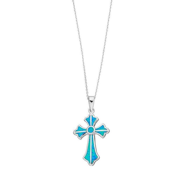 Sterling Silver Lab-Created Blue Opal Cross Pendant, Womens Product Image