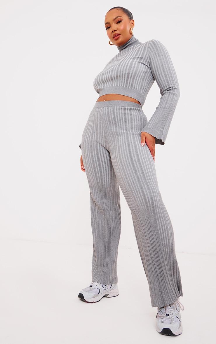 Plus Grey Rib Knitted Wide Leg Pants product image