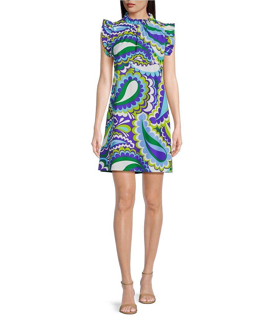 Jude Connally Shari Stretch Knit Mod Paisley Iris Print Ruffle Trim Mock Neck Cap Sleeve Shift Dress Product Image