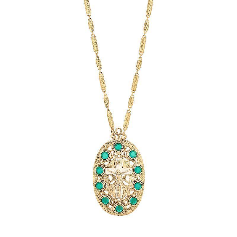 1928 Gold Tone Oval Cross Crystal Accent Necklace, Womens Green Product Image