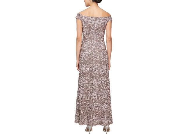 Alex Evenings Long Soutache Lace off the Shoulder (Mink) Women's Dress Product Image