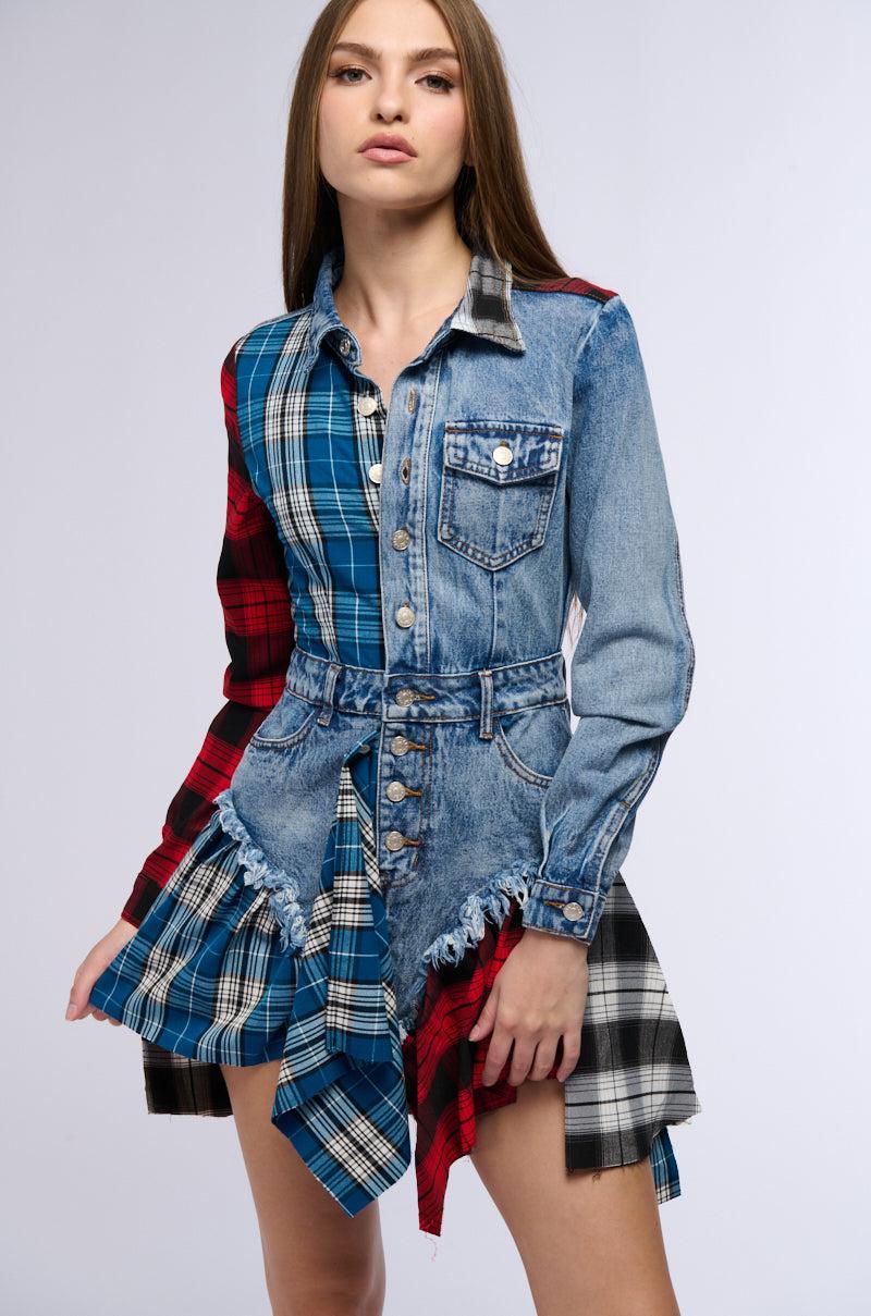 PATCHWORK PLAID DENIM MINI DRESS Product Image