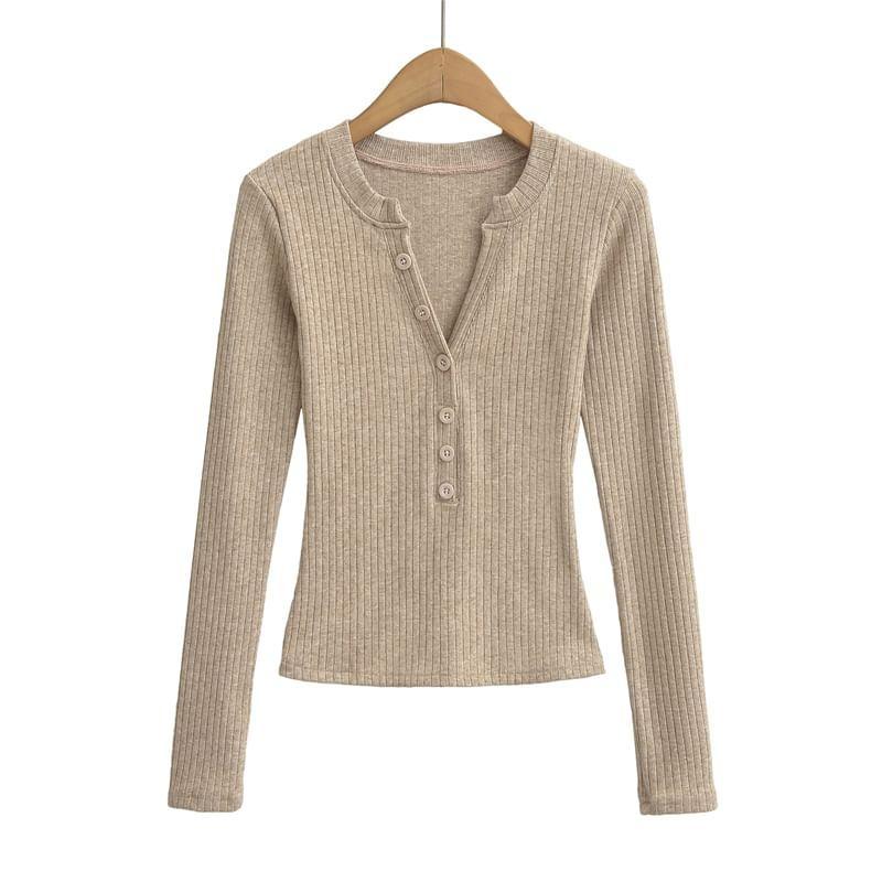 Long Sleeve V-Neck Plain Ribbed Knit Cropped Knit Top Product Image