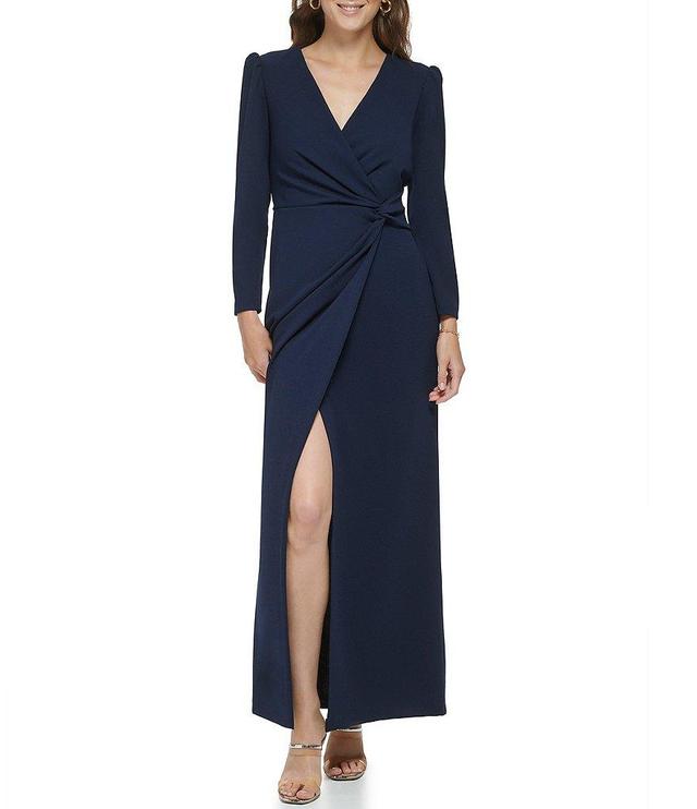 DKNY Stretch V-Neck Long Sleeve Knit Waist Side Slit Gown Product Image