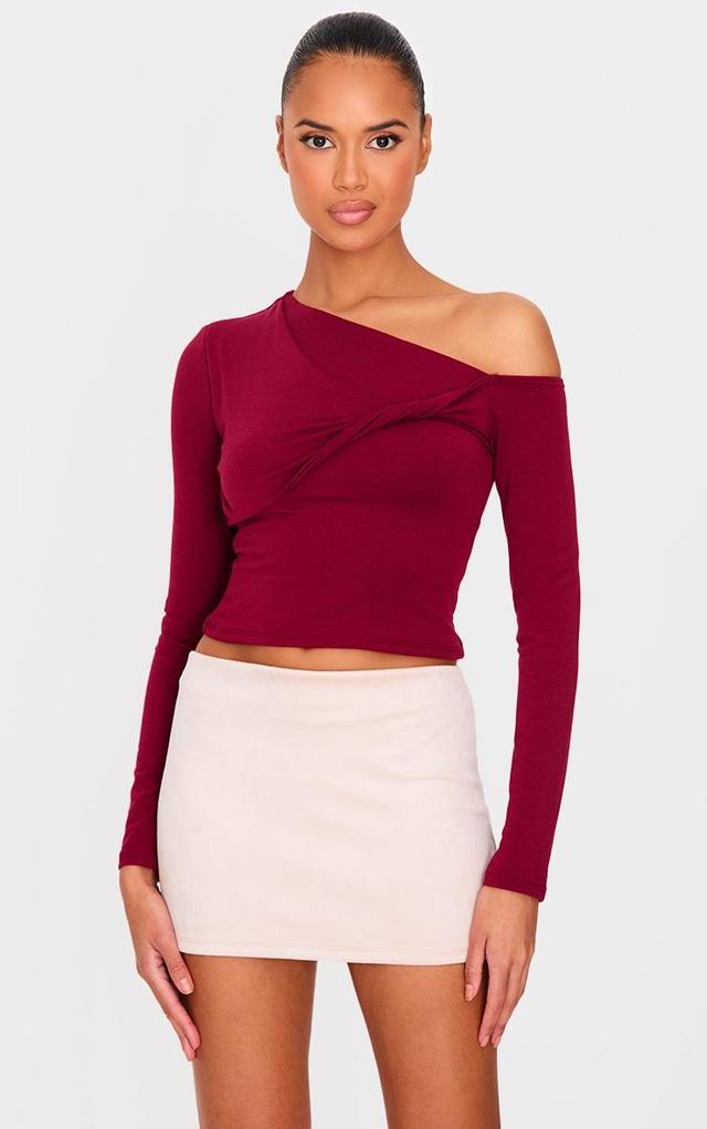 Burgundy Contour Jersey Bardot Twist Detail Long Sleeve Top Product Image