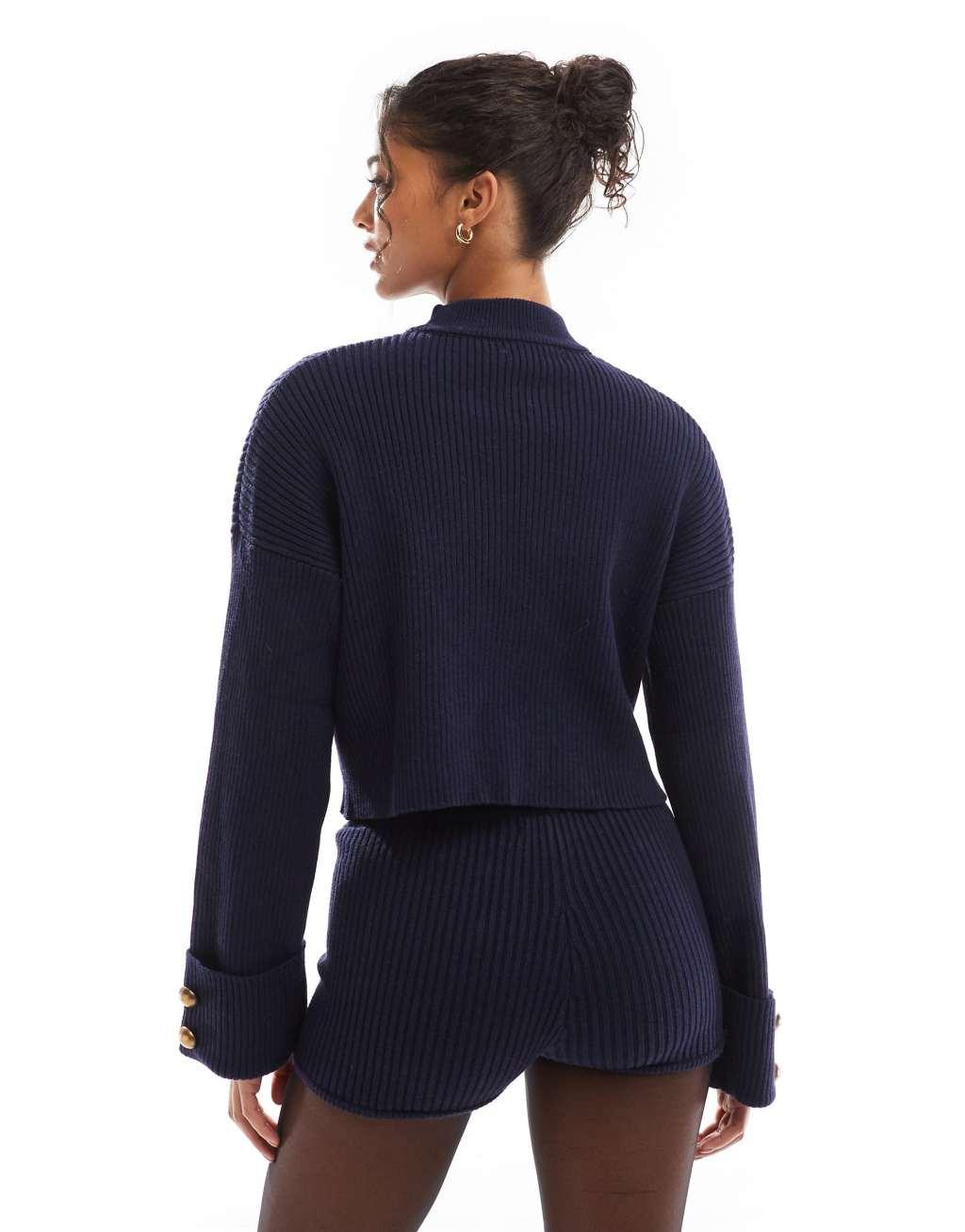 Bershka gold button detail high neck sweater in navy - part of a set Product Image