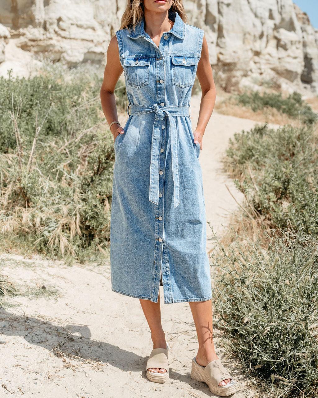 Denim Button Down Belted Midi Dress - FINAL SALE Female Product Image