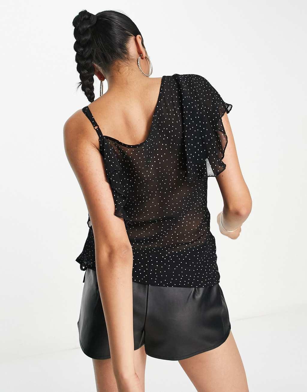 ASOS DESIGN sheer short sleeve top with corsage detail in mono spot  Product Image