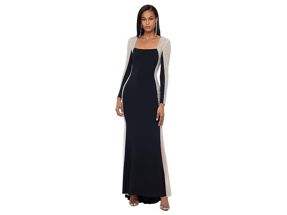 Xscape Petite Size Long Sleeve Square Neck Caviar Beaded Mesh Panels Sheath Gown Product Image