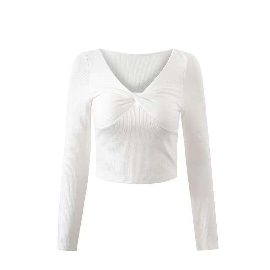 Long-Sleeve V-Neck Plain Knotted Ribbed Knit Top Product Image