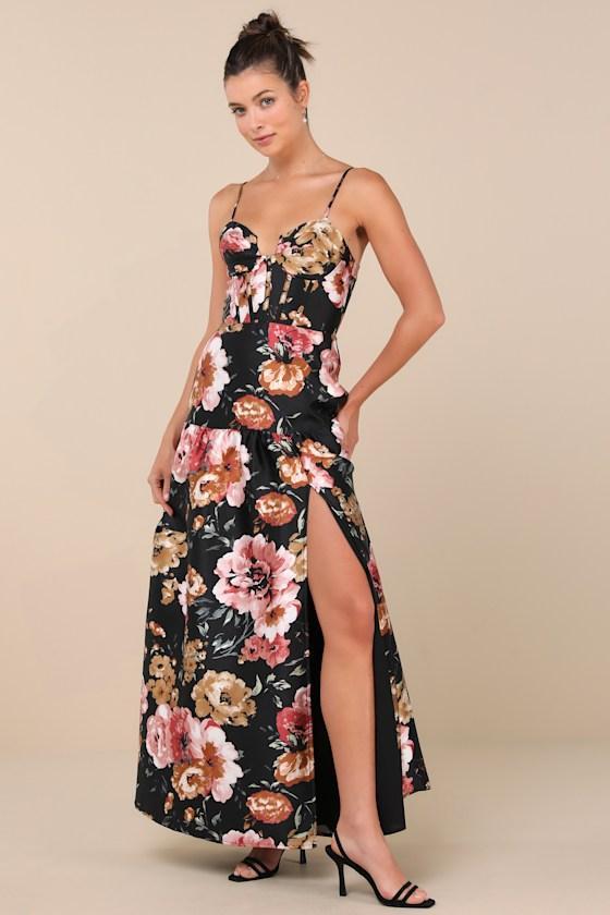 Confident Delight Black Floral Tiered Bustier Maxi Dress Product Image