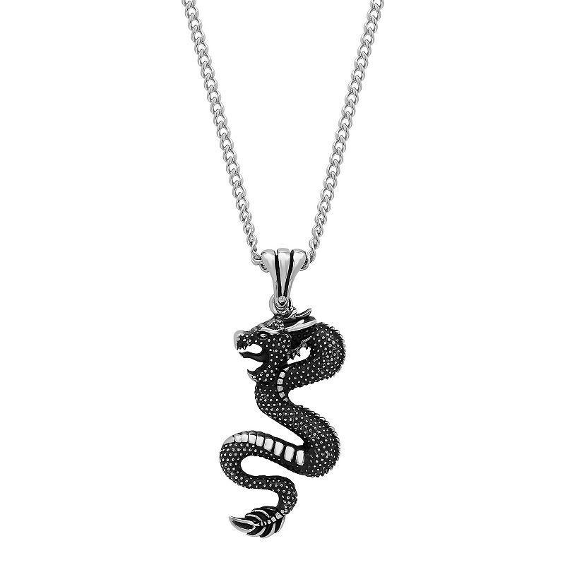 Steel Nation Mens Black Ion-Plated Dragon Pendant Necklace Silver Product Image