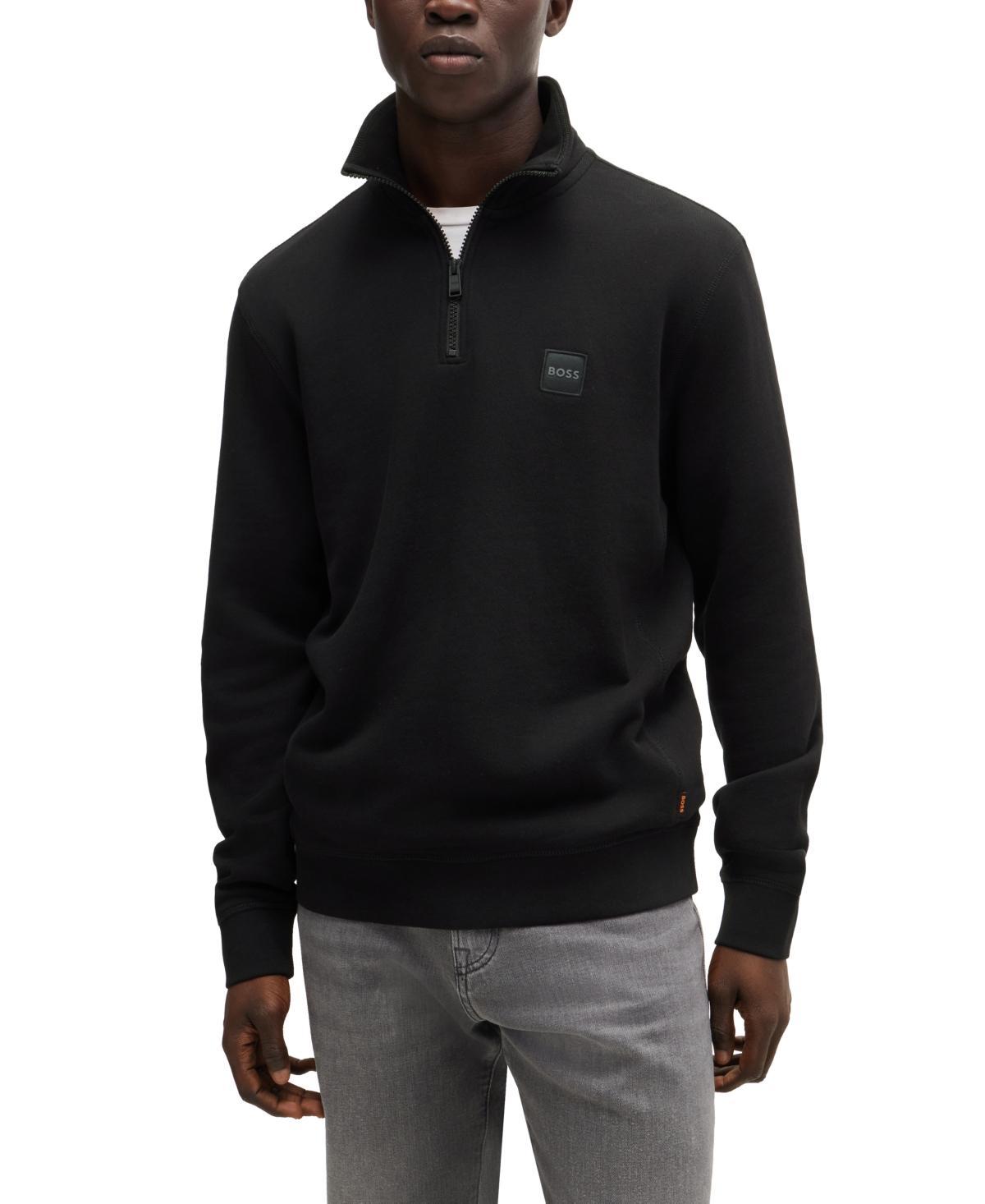 Cotton-terry Zip-neck Sweatshirt With Logo Patch In Black Product Image