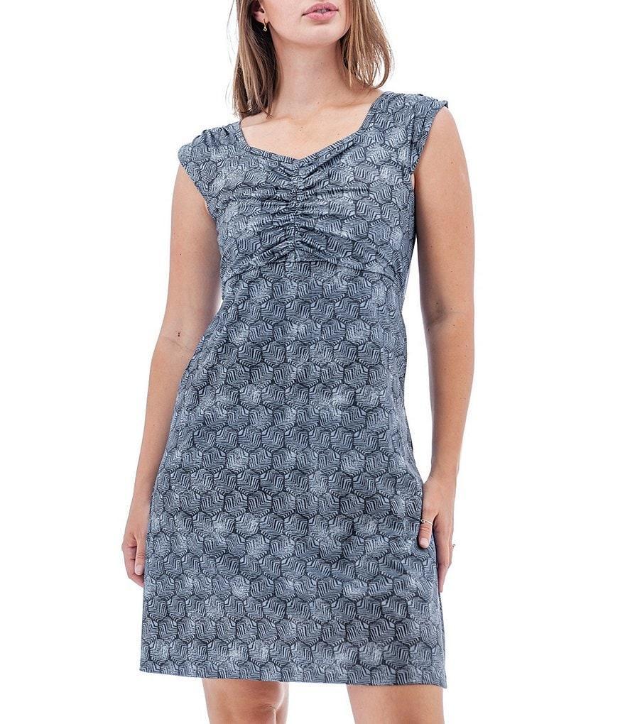 Aventura Printed V-Neck Cap Sleeve Ruched Bodice Side Pocket A-Line Dress product image