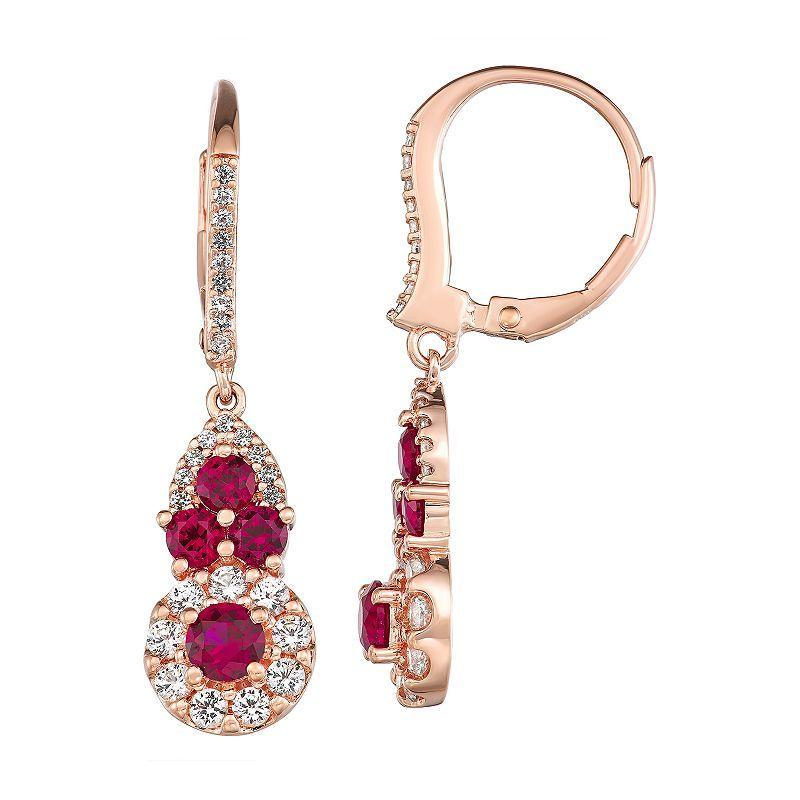 14k Rose Gold Over Silver Lab-Created Ruby & White Sapphire Drop Earrings, Womens, Red Product Image