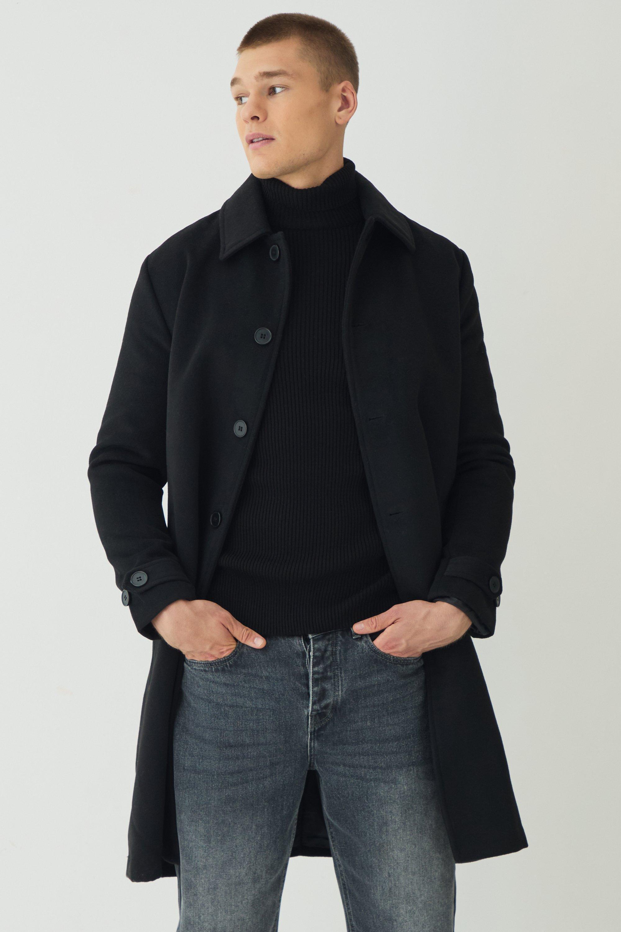 Plain Collared Overcoat In Black | boohooMAN USA Product Image