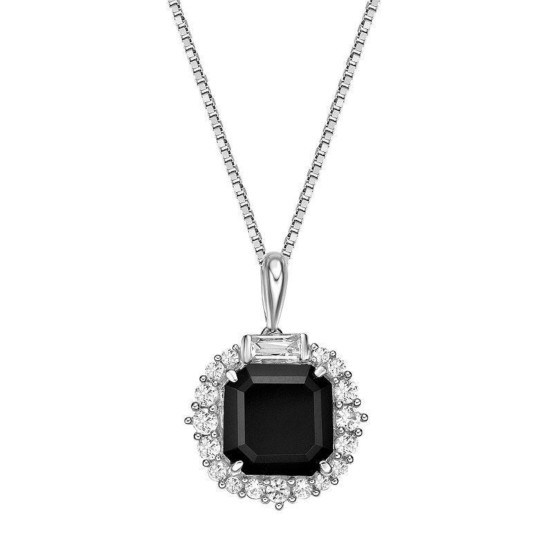 Gemminded Sterling Silver Onyx & Lab-Created White Sapphire Halo Pendant Necklace, Womens Product Image