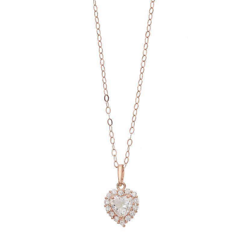 10k Rose Gold Cubic Zirconia Halo Heart Pendant Necklace, Womens White Product Image