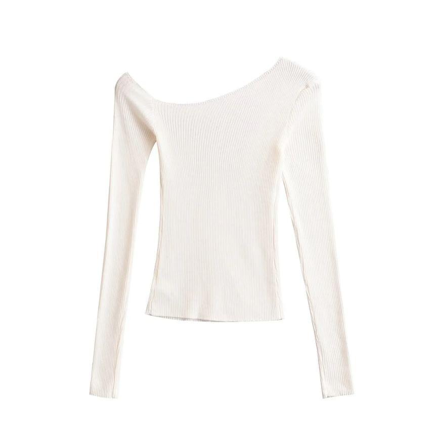 Long Sleeve One Shoulder Plain Ribbed Knit Top Product Image