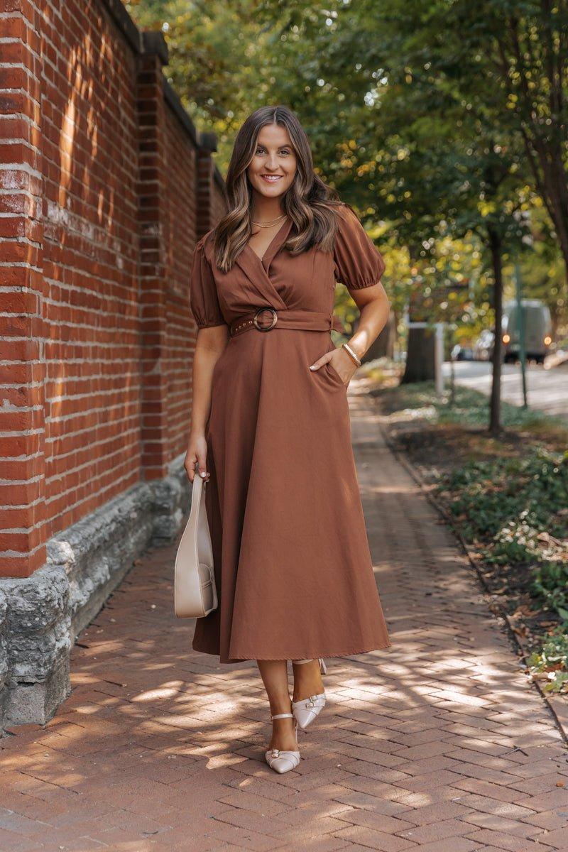 True Autumn Brown Belted Midi Dress Female Product Image