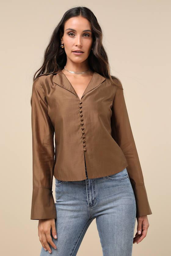 Poised Essence Brown Collared Button-Up Long Sleeve Top product image