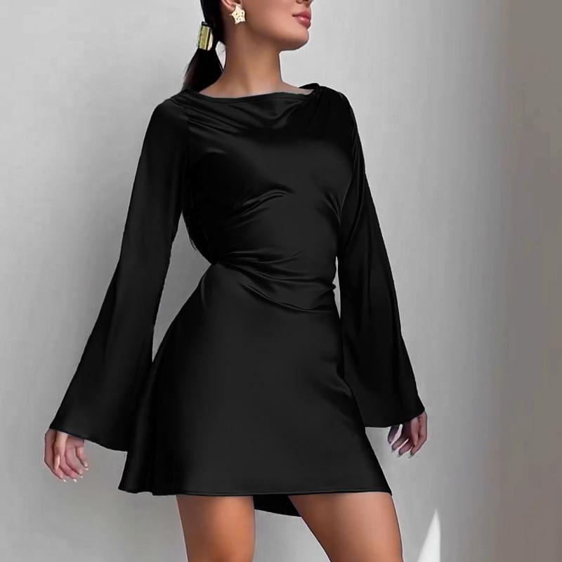 Long Sleeve Round Neck Plain Satin Mini A-Line Dress Product Image