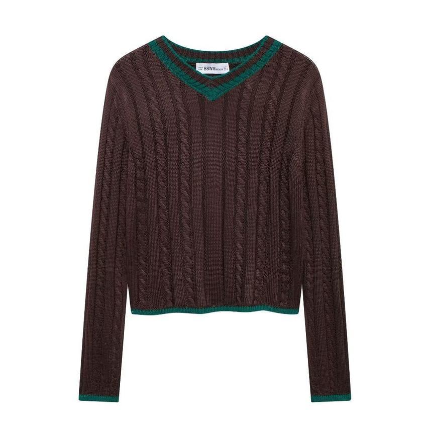 Long Sleeve V-Neck Contrast-Trim Cable-Knit Loose-Fit Sweater Product Image