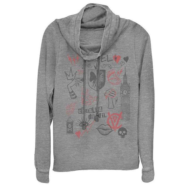 Disneys Cruella Juniors Rebel Fashion Sketches Cowlneck Graphic Lightweight Long Sleeve, Girls Gray Grey Product Image