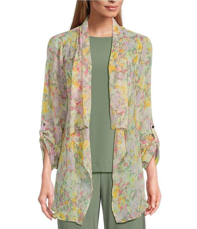 Investments Petite Size Soft Separates Blurred Garden Print Open Front Roll-Tab Sleeve Jacket Product Image