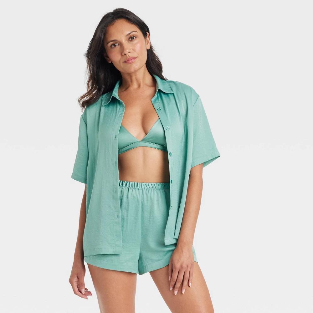 Womens Satin Short Sleeve Notch Collar Top and Shorts Pajama Set - Auden Green XL Product Image