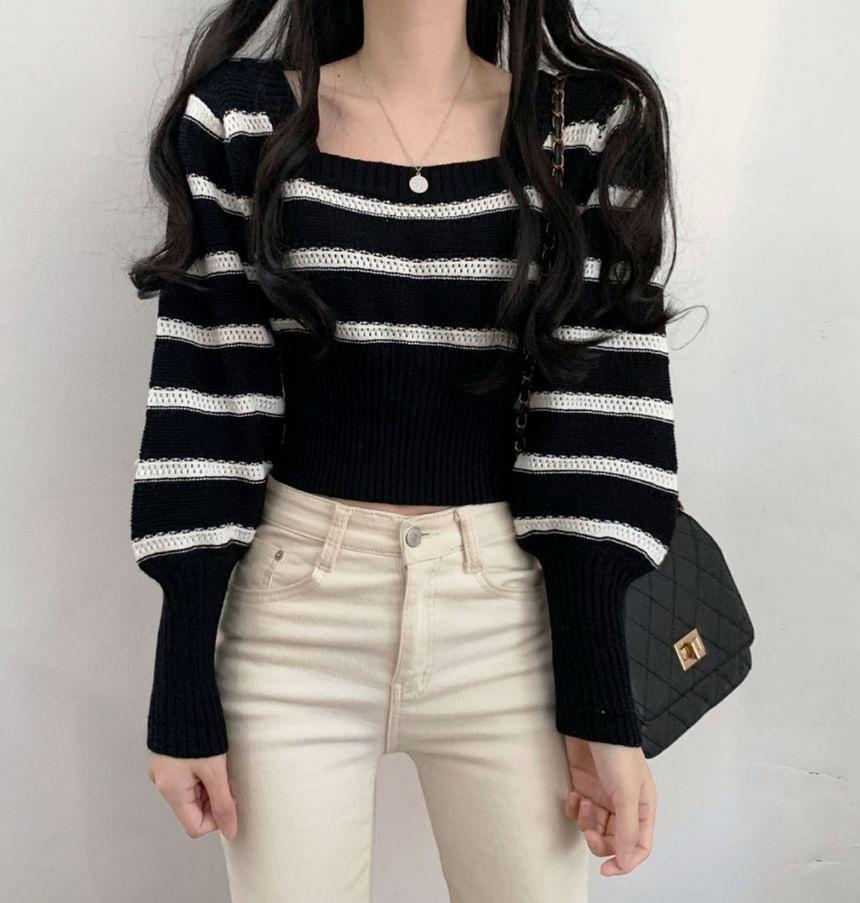 Square Neck Striped Crop Sweater Product Image